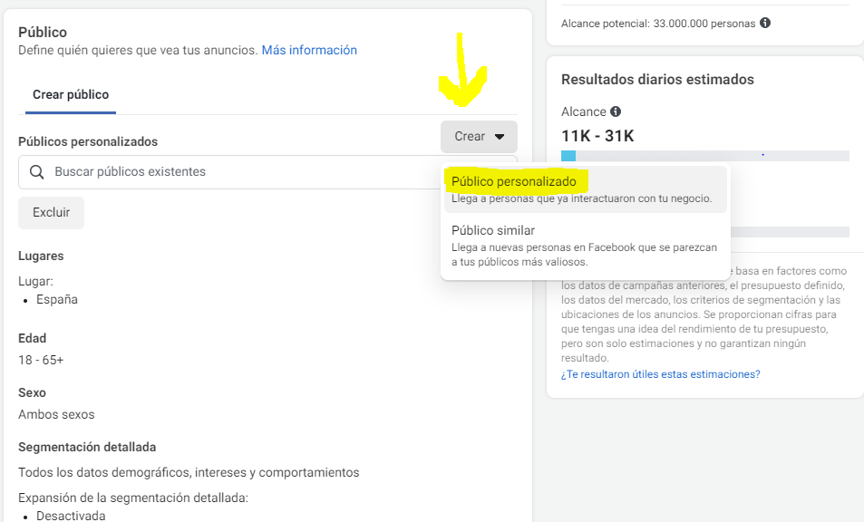 crear publico personalizado facebook - piñata marketing